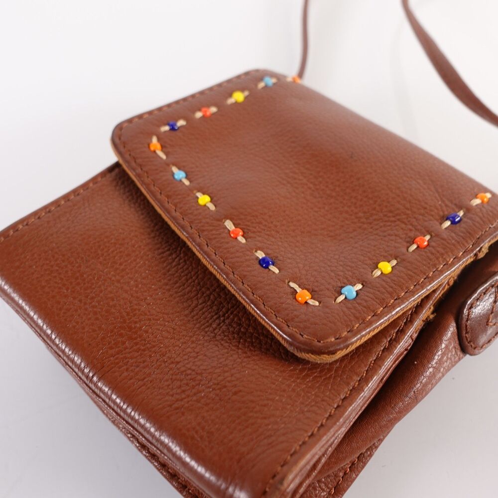 Vintage Fossil Crossbody Bag Small Brown Leather Multi Color Beaded Stitching